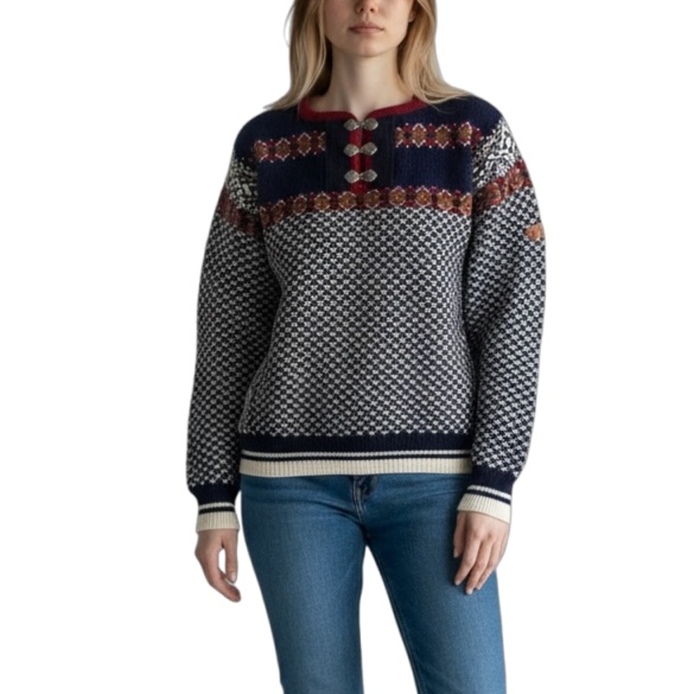 SONDRE Norwegian Wool Nordic Jumper Sweater Men's S Blue Red Metal Clasp